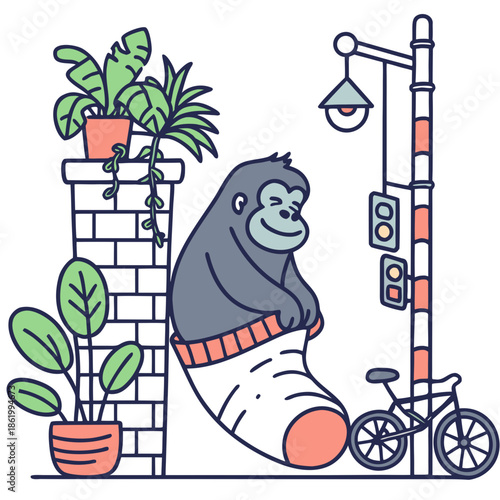 Cute Joyful Gorilla, accessorized with snuggled in a sock, in a Urban Jungle world – Urban Jungle palette vector