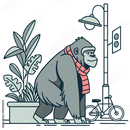 Delightful Peaceful Gorilla in a Urban Jungle scene with with a scarf – Urban Jungle vector illustration