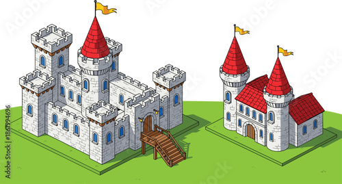 Cartoon castle illustration, fortified vs decorative medieval architecture, red roof flags, black vector scene, cad drawing flat vector