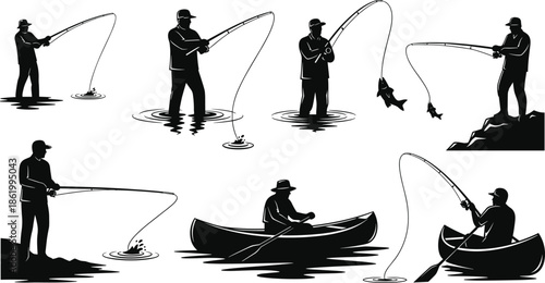 Fishing silhouette collection, shore canoe wading poses, rod catch action, black vector scene, cad drawing flat vector illustration