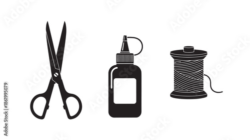 Sewing accessories in minimalist illustration style with black silhouette and white background for crafting