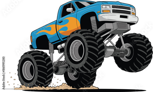 Colorful monster truck illustration with oversized tires performing off road action isolated on white background for motorsport racing and extreme vehicle design