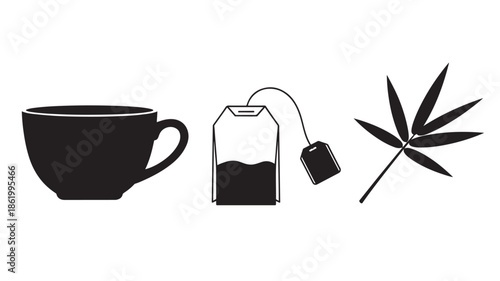 Tea cup and tea bag with cannabis leaf in minimalist black silhouette for herbal medicine advertising