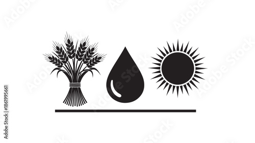 Lavender, Oil Drop, and Sun Icons in Simple Monochrome Design on White Background for Eco-Friendly Branding