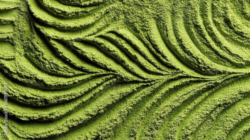 Delicate matcha powder, featuring subtle green ripple patterns and smooth swirls, highlighting the natural vibrant color of the green tea powder and its fine, powdery texture.