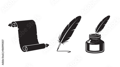 Vintage Writing Icons in Simple Monochrome Style with High Contrast Lighting on Plain White Background for Stationery Design