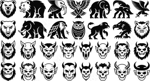 Black and white animal, bird, and demon mascot logo collection featuring bears, eagles, owls, wolves, skulls, and fantasy creature silhouettes for branding use