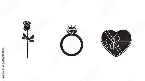 Engagement ring with rose and heart gift box in minimalist black and white illustration for romantic valentines day