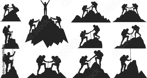 Mountain climber teamwork silhouette set showing hikers helping each other reach the summit, symbolizing leadership, success, cooperation, and adventure in black and white vector style