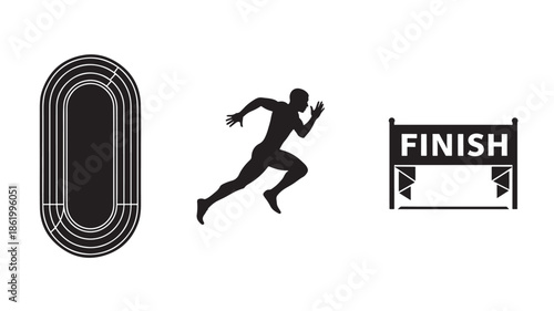 Silhouette of Runner Approaching Finish Line in Dynamic Motion with Bold Black Graphics on White Background for Sports Branding