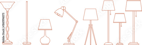 Modern lamp outline silhouettes collection featuring table lamps, floor lamps and desk lighting designs, minimalist interior decor elements, line art icons isolated on white background