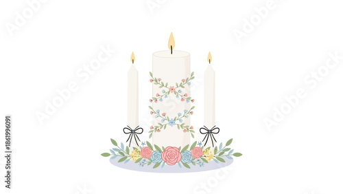 Three candles decorated with floral design and ribbons on a plate 