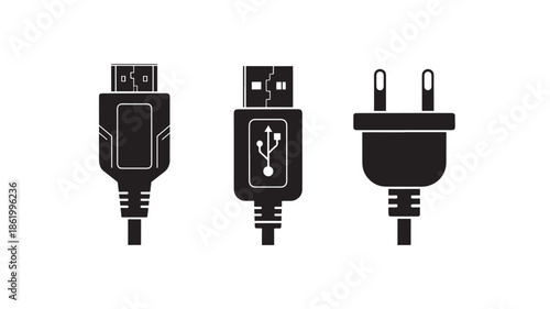 USB Cables and Power Adapter in Simple Flat Design with Black Color on White Background for Technology Illustration