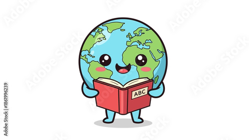 Globe character reading book with big eyes and smiling face on white background Image