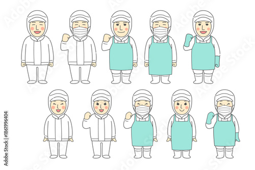 若い男女のいろいろなポーズ、表情、作業服（無塵衣・エプロン・マスク）の組み合わせイラストのセット