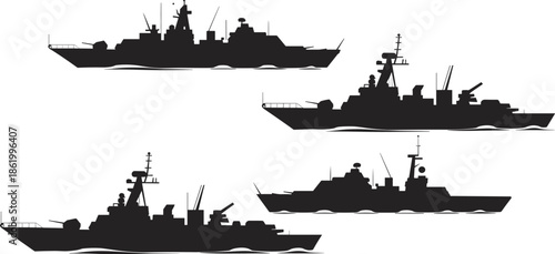 Modern military warship silhouette collection with navy destroyer and battleship profiles, isolated on white background, maritime defense vector illustration set