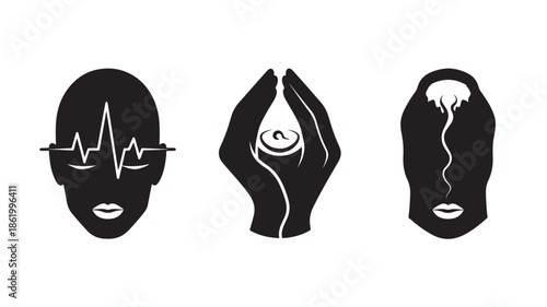 Human Head Silhouettes with Medical and Spiritual Symbols in Minimalist Style with Simple Black and White Color Scheme for Health and Wellness Illustrations