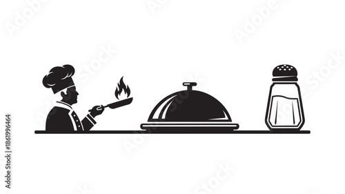 Chef flambing dish in minimalist black silhouette with dramatic lighting on white background for culinary advertisement