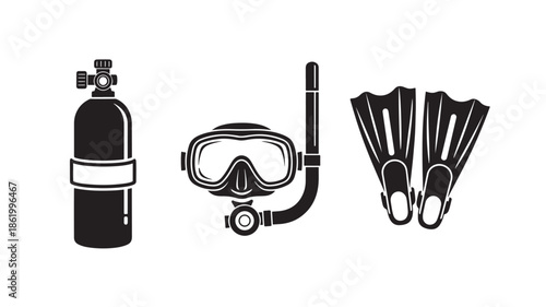 Scuba diving equipment in minimalist illustration style with black outline on white background for adventure travel