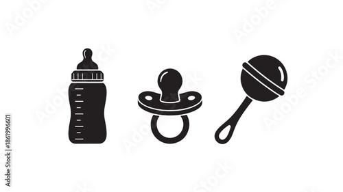 Baby accessories in simple flat design with black silhouette on white background for nursery decor