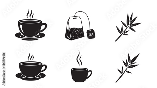 Tea cups and tea bag illustrations in minimalist style with black color on white background for beverage branding