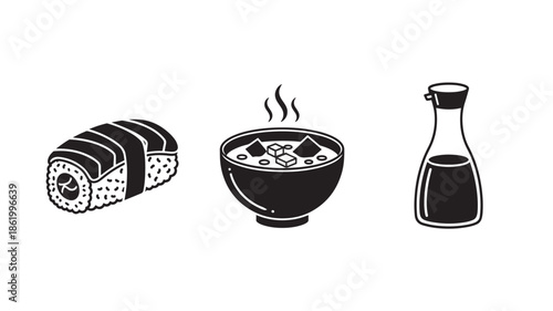 Japanese sushi and miso soup with soy sauce in minimalist illustration style with black and white color scheme for restaurant menu