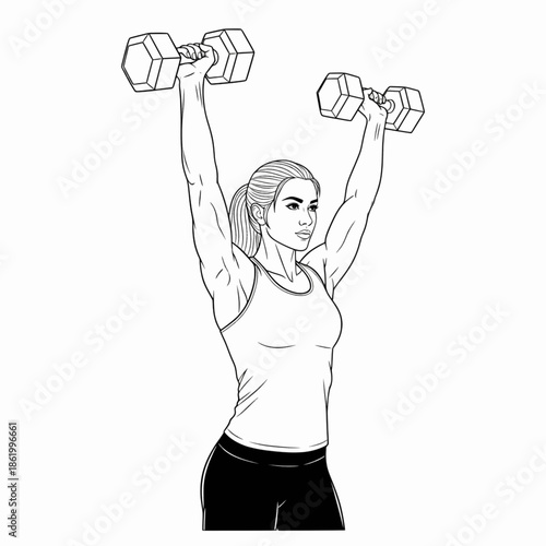 Female athlete training shoulders with heavy dumbbells in gym