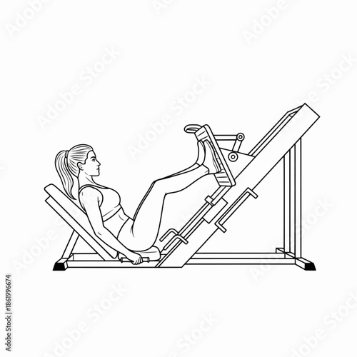 Woman using forty five degree leg press machine quads