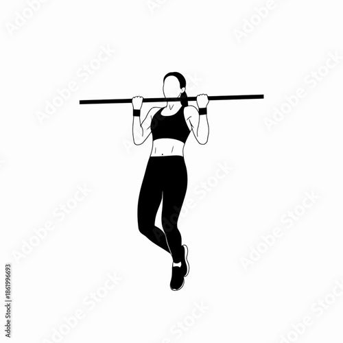 Female athlete performing wide grip pullups on horizontal bar