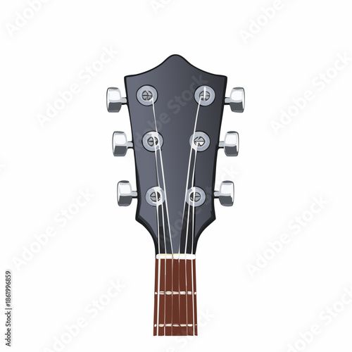 Close up of a guitar headstock with tuning pegs and strings.