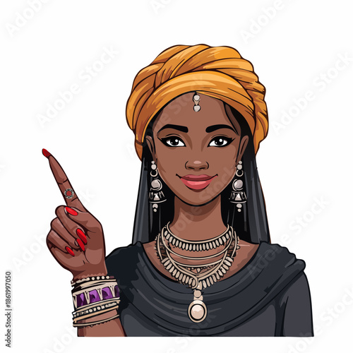 Beautiful Indian Woman Pointing Upwards With Jewelry.