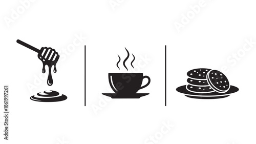 Breakfast Icons Set in Simple Flat Design with Black Silhouette on White Background for Food Blog