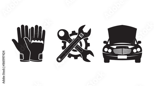Car Maintenance Icons in Simple Flat Design with Black Silhouettes for Automotive Services