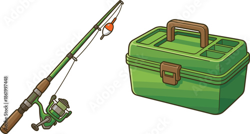 Fishing Rod with Reel and Green Tackle Box Illustration, Recreational Angling Equipment for Outdoor Sport, Hobby, Freshwater Fishing and Camping Design