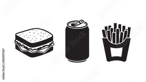 Fast Food Meal Illustration in Simple Monochrome Style with High Contrast Lighting on White Background for Menu Design