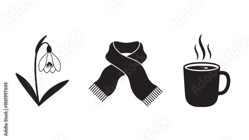 Snowdrop flower, knitted scarf, and steaming coffee cup in minimalist black and white illustration for winter comfort