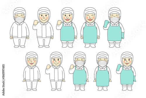 笑顔で仕事をする給食のおじさん、おばさんの表情・ポーズ・無塵衣（エプロン・マスク・作業着）の組み合わせのイラストセット