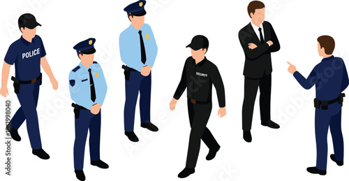 Police Officers and Security Personnel Illustration Showing Law Enforcement Team, Private Security Guard and Business Protection Roles for Safety, Authority and Public Order Concept