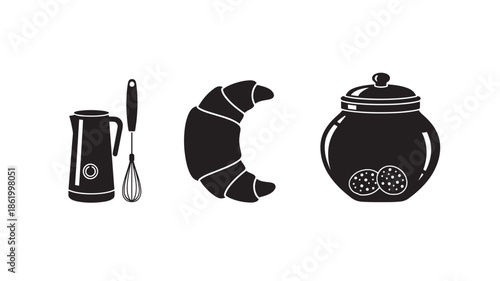 Coffee Brewing Essentials in Minimalist Monochrome Silhouette on White Background for Culinary Blog
