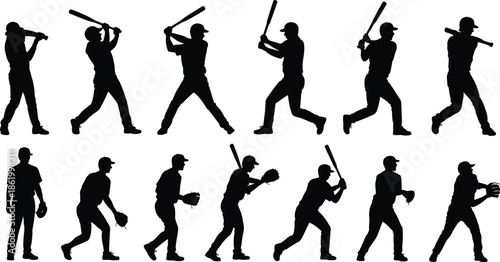 Baseball player silhouettes showing batting and fielding motion sequence, black vector sports figures isolated on white background for training design