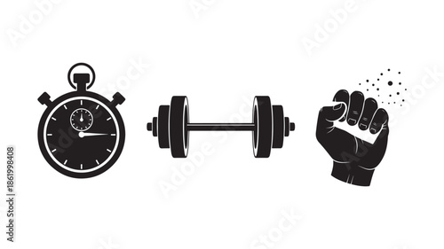 Fitness icons set in minimalist style with monochrome color scheme on white background for health and wellness design