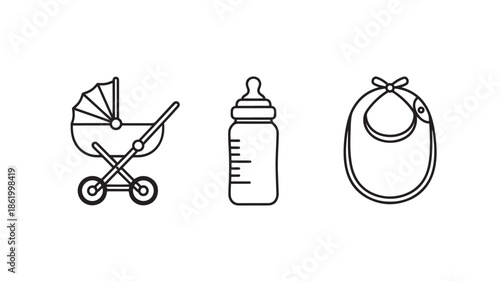 Baby Essentials Line Art Icons in Simple Minimalist Style with White Background for Nursery Decor
