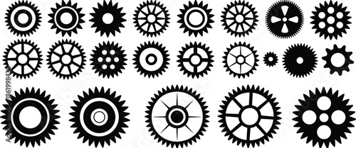 Industrial gear and cogwheel silhouettes collection in black and white, mechanical machine parts icons set isolated on white background for engineering design