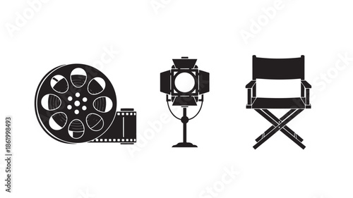 Film equipment in minimalist black silhouette on white background for film production
