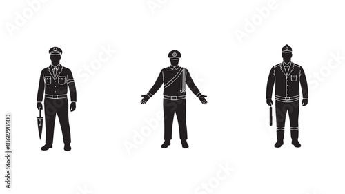 Police officers in uniform standing in different poses with guns in monochrome grayscale for law enforcement