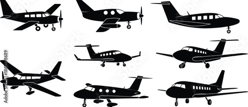 Private and small aircraft silhouettes collection showing propeller and jet airplanes, black aviation plane icons set isolated on white background for travel and transport design