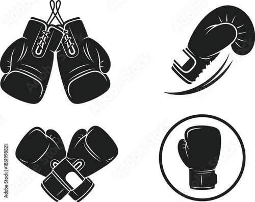 Black boxing gloves illustrations in various styles on transparent background silhouette