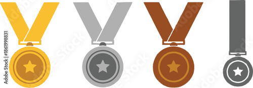 Four award medals in gold silver bronze and black silhouette on transparent background