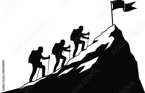 Hikers ascending a mountain peak with a flag a striking silhouette on transparent background