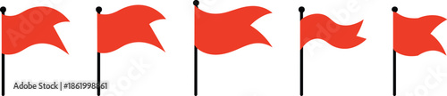 Red flag icons set on poles showing warning, danger, and alert symbols, minimal flat design concept for UI, signage, and notifications